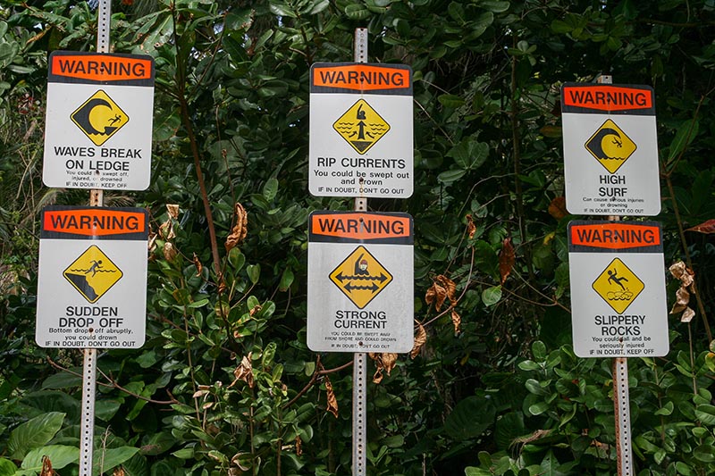 Warning signs indicate dangerous and hazardous conditions at the beach. mese.berg/Shutterstock.com