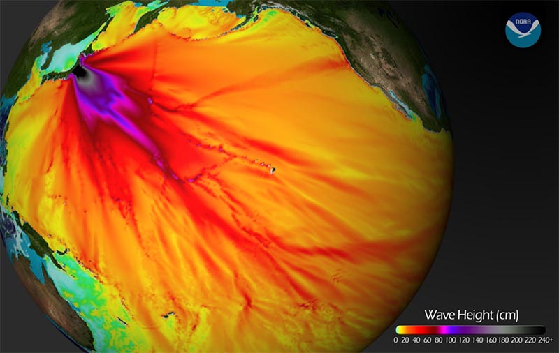 Waves from the deadly 2011 Honshu, Japan tsunami radiated for thousands of miles, affecting shores in Hawaii and beyond. Source: National Oceanic and Atmospheric Administration (NOAA)